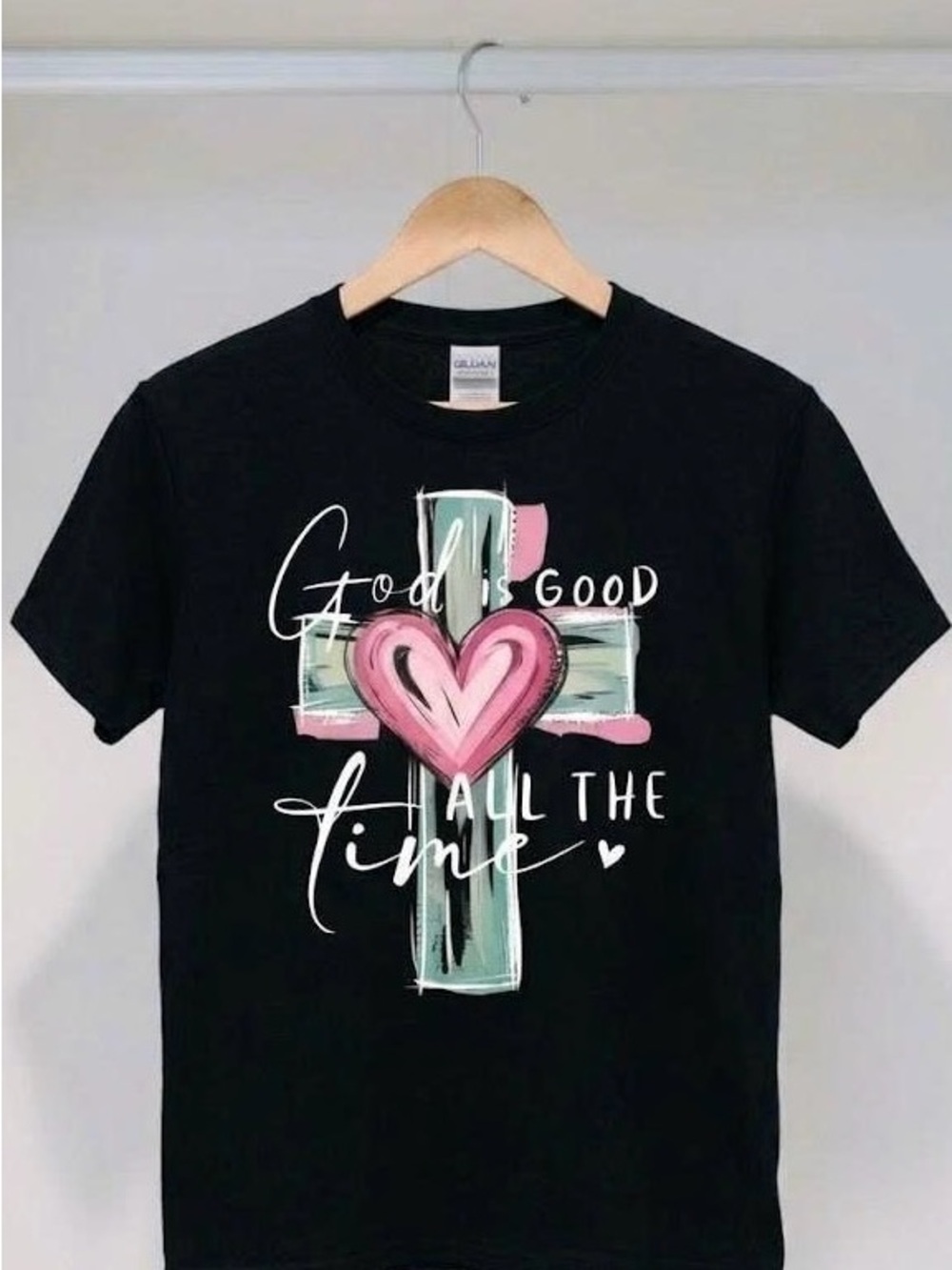 Christian Faith T-Shirt God Is Good Cross Pink Heart Jesus Graphic Tee Tops